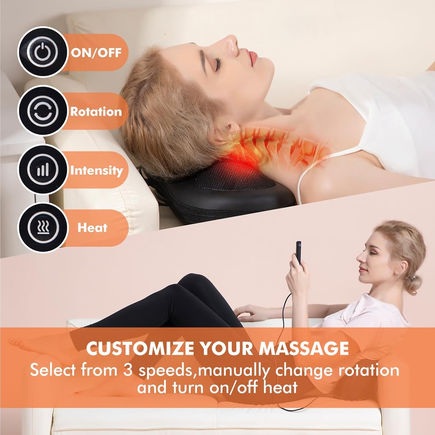 Cordless Neck and Back Massager, Shiatsu Back Massager with Heat, Deep Kneading Massage Pillow for Full Body,Ideal Gifts