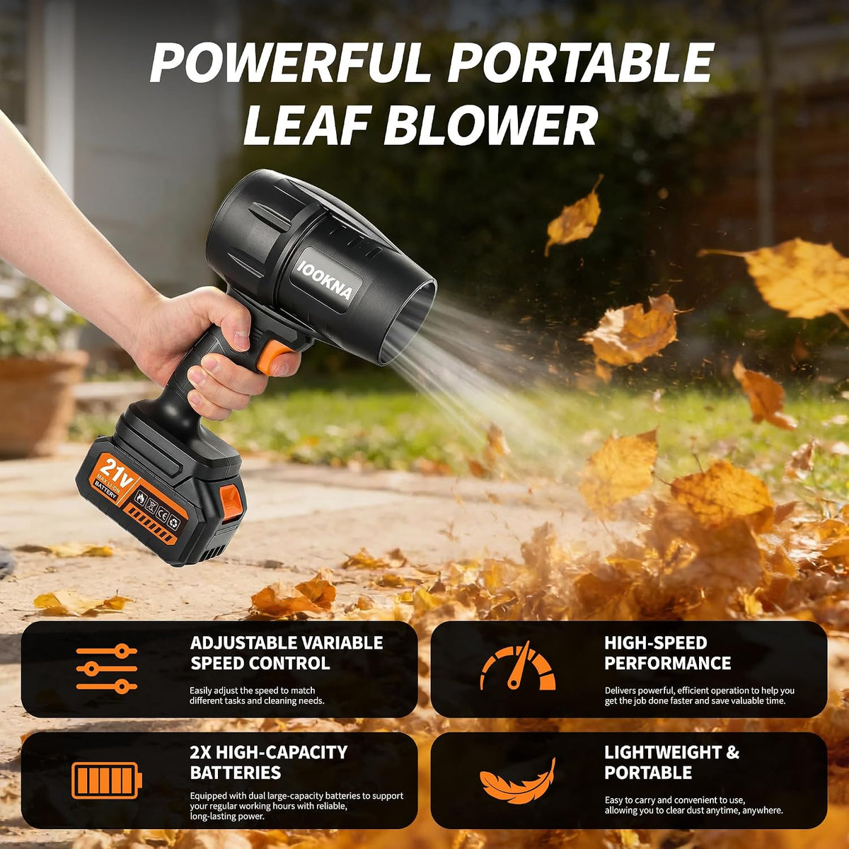 IOOKNA Leaf Blower Cordless, Handheld Blower with 2 x 4.0Ah Battery 990,000 RPM High-Speed Motor Power, Portable Lightweight Easy Operation for Leaves Yard Patio Car Snow and Driveway Cleaning